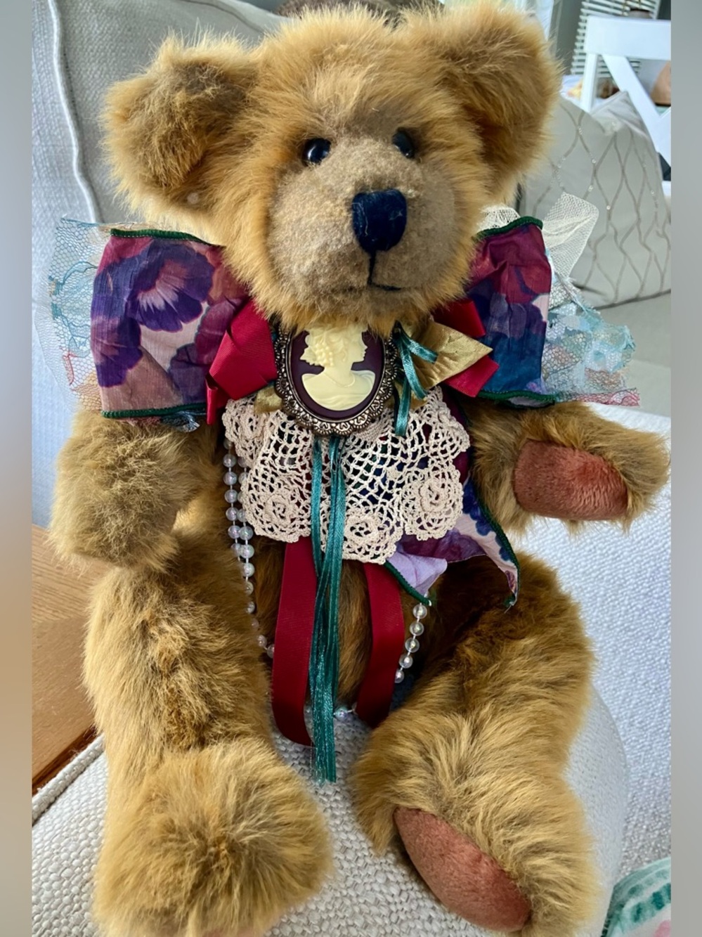 Vintage Collectible Mohair Teddy Bear. lace collars, vintage cameo, pearls